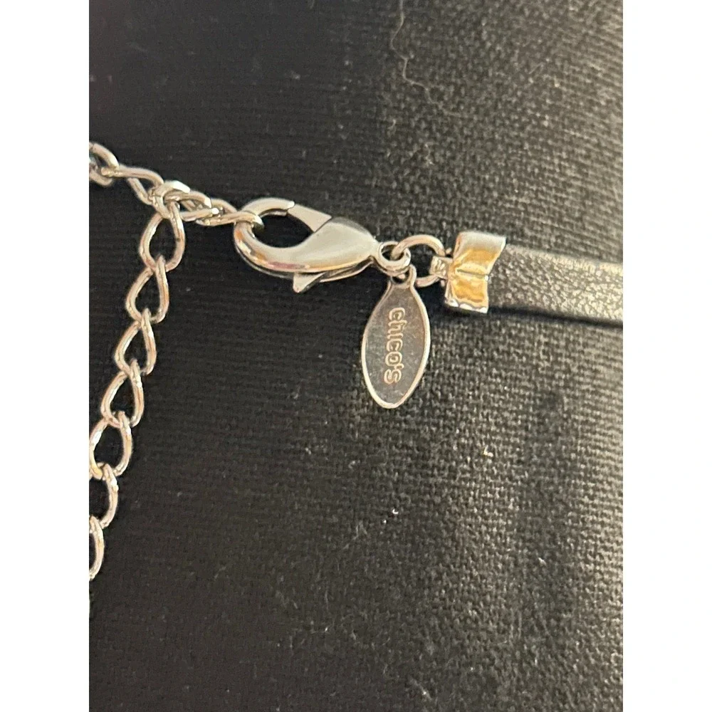 Chico's Silver Tone Bamboo Ring Pendant Long‎ Black Cord Necklace Modernist